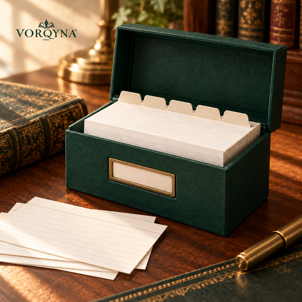 VORQYNA™ Index Card Vault — 3 in × 5 in Note Card Box with 100 Ruled Cards