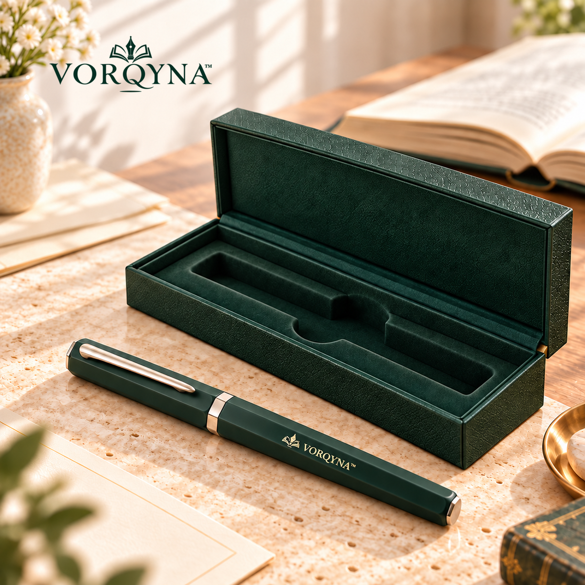VORQYNA™ Signature Capped Rollerball Pen — Metal Barrel, 0.5 mm Black Ink
