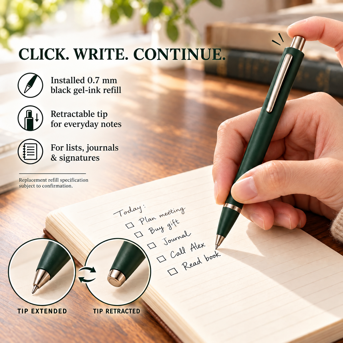VORQYNA™ Linework Retractable Gel Pen — Metal Writing Pen, 0.7 mm Black Ink