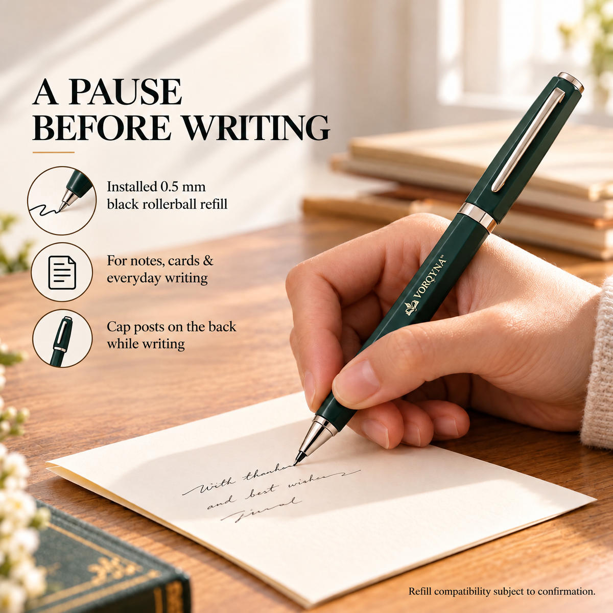 VORQYNA™ Signature Capped Rollerball Pen — Metal Barrel, 0.5 mm Black Ink
