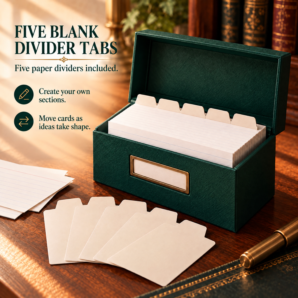VORQYNA™ Index Card Vault — 3 in × 5 in Note Card Box with 100 Ruled Cards