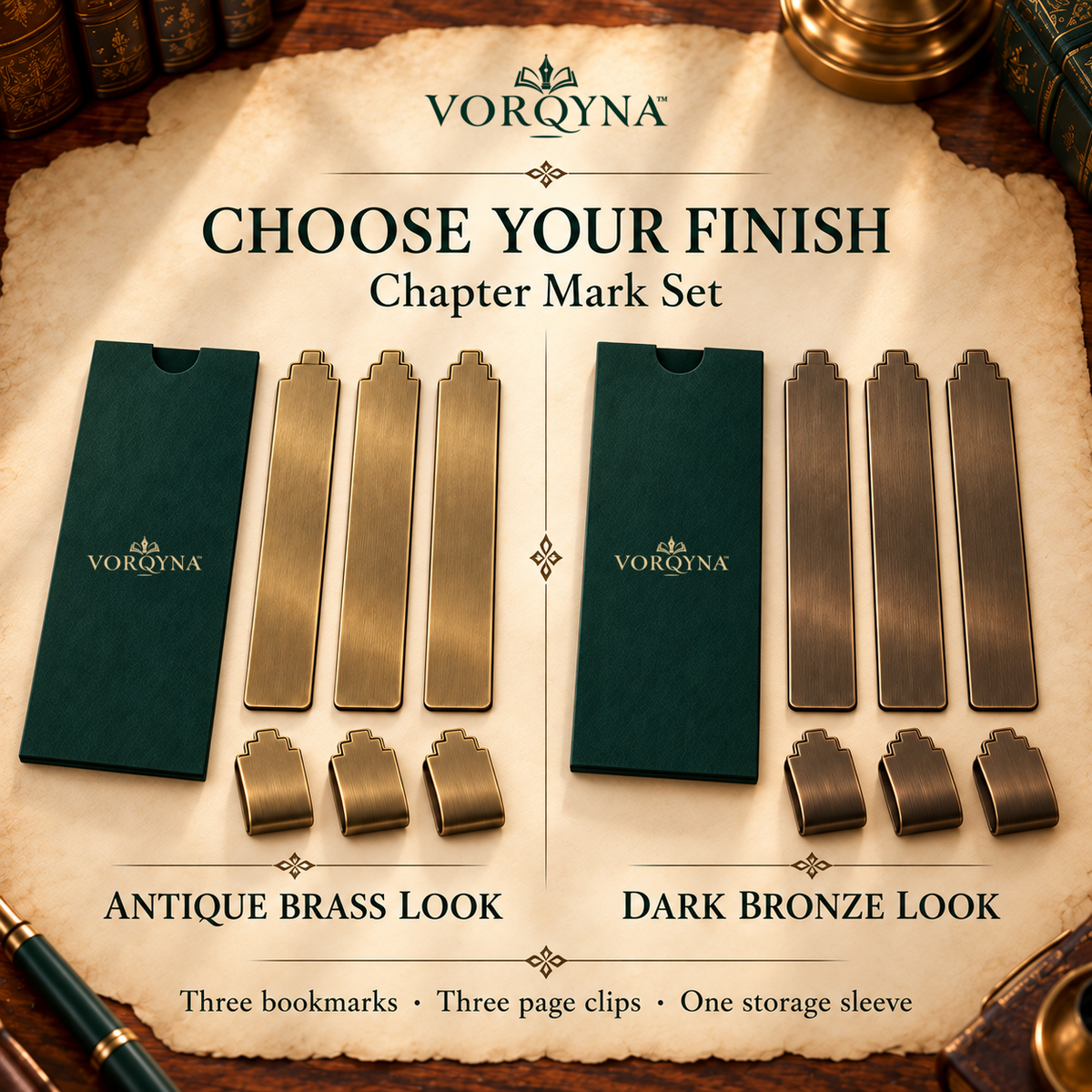 VORQYNA™ Chapter Mark Set — Metal Page Clips and Slim Bookmarks, 6-Piece Set