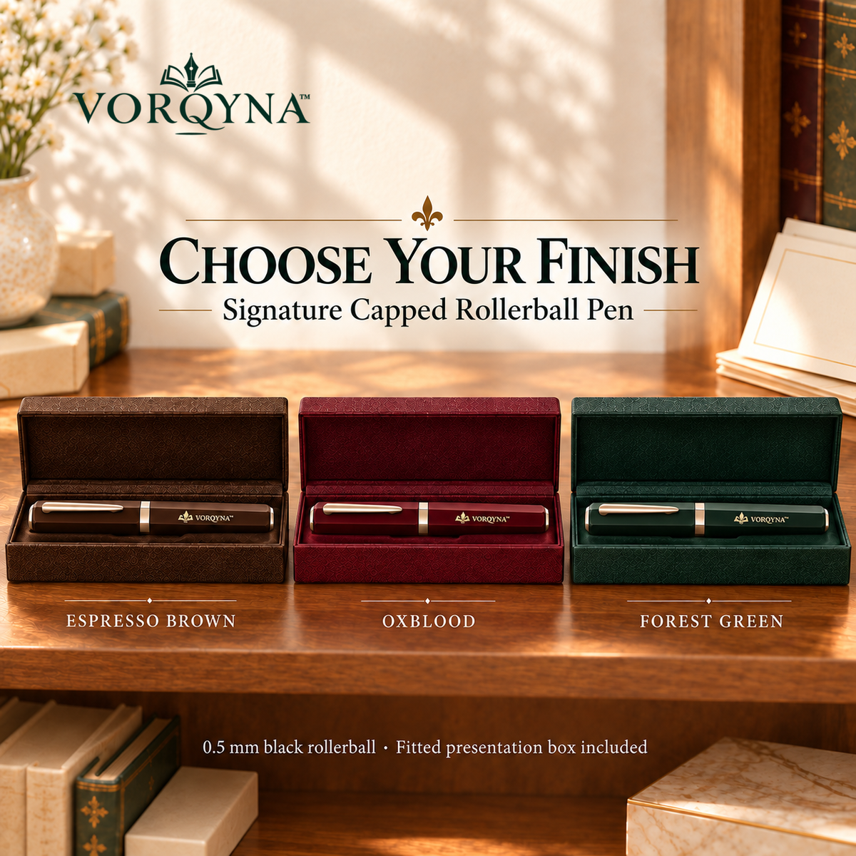 VORQYNA™ Signature Capped Rollerball Pen — Metal Barrel, 0.5 mm Black Ink