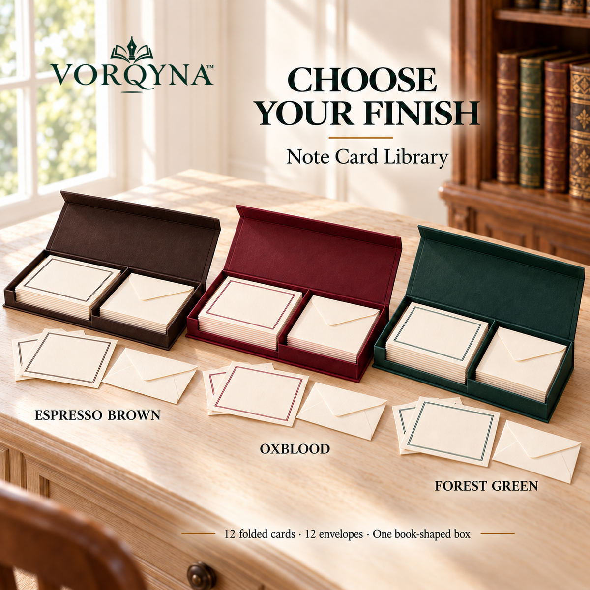 VORQYNA™ Note Card Library — Boxed Blank Thank-You Cards, 12 Cards with Envelopes