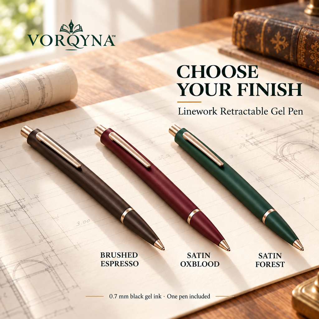 VORQYNA™ Linework Retractable Gel Pen — Metal Writing Pen, 0.7 mm Black Ink