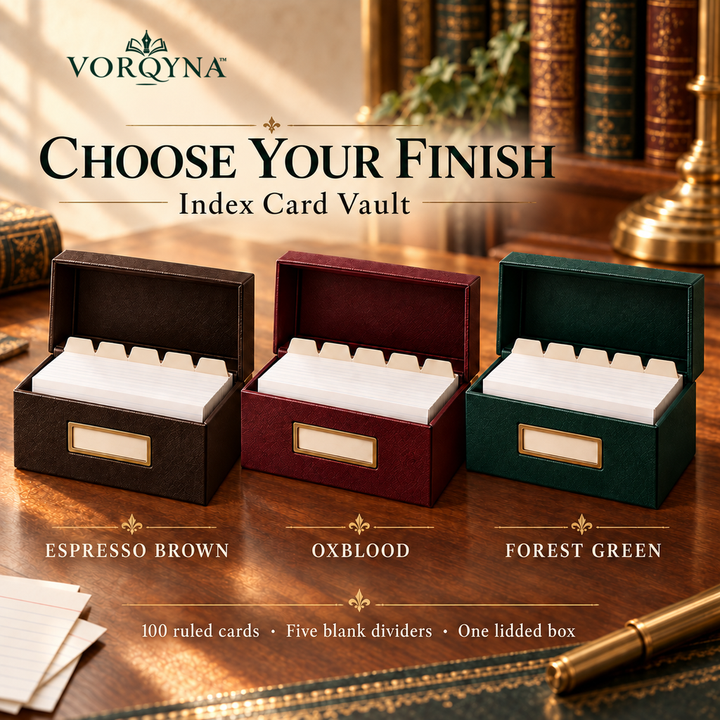 VORQYNA™ Index Card Vault — 3 in × 5 in Note Card Box with 100 Ruled Cards