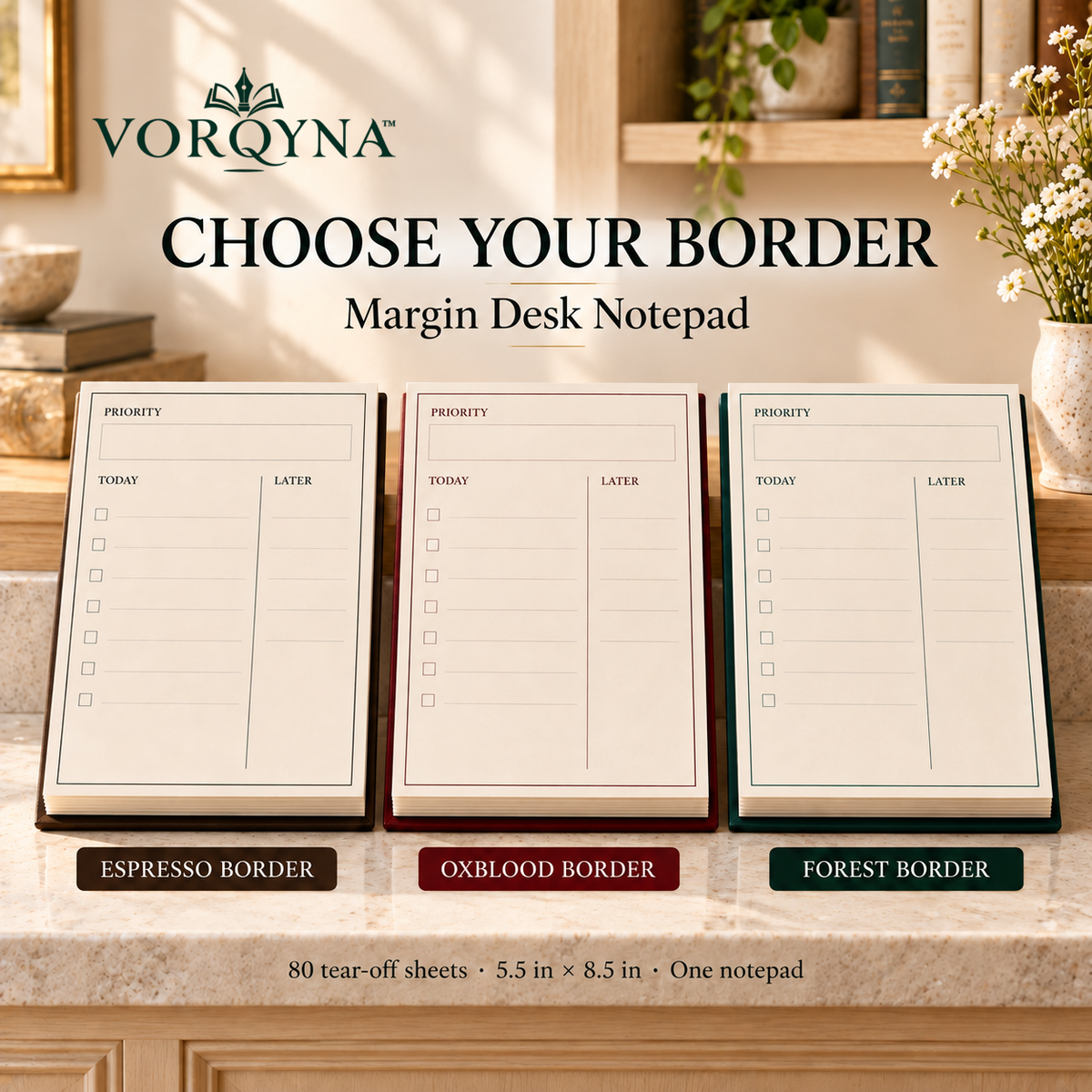 VORQYNA™ Margin Desk Notepad — Tear-Off Daily To-Do List, 80 Sheets