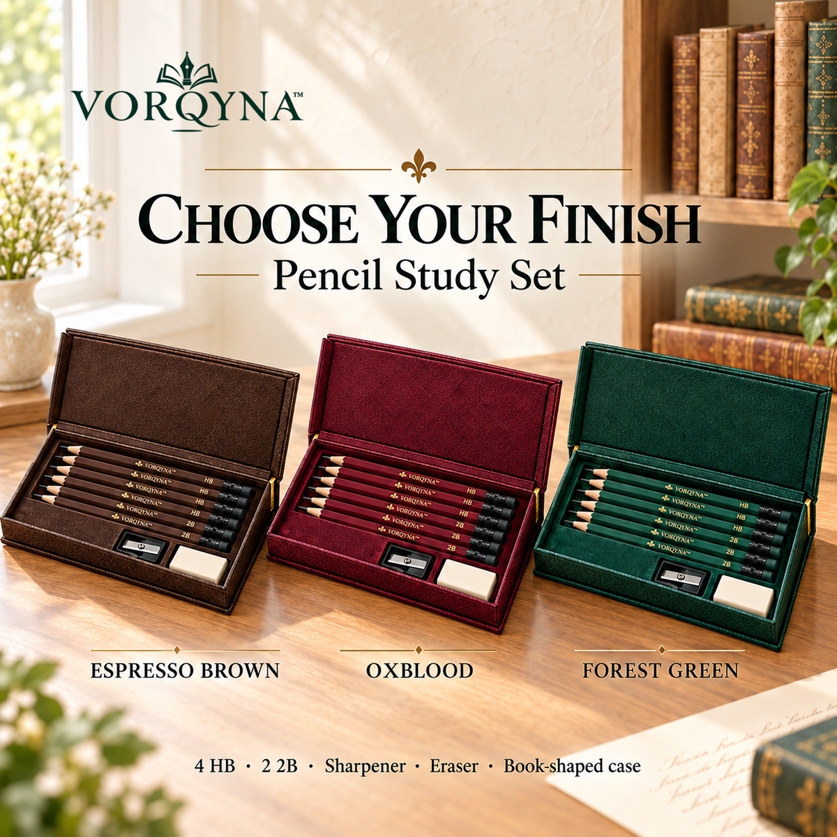 VORQYNA™ Pencil Study Set — 6 Graphite Writing Pencils with Sharpener and Eraser