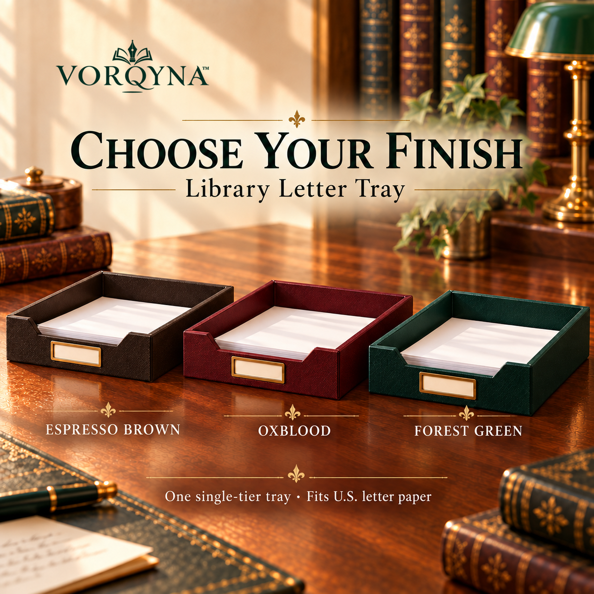 VORQYNA™ Library Letter Tray — Desktop Paper Organizer for U.S. Letter Documents