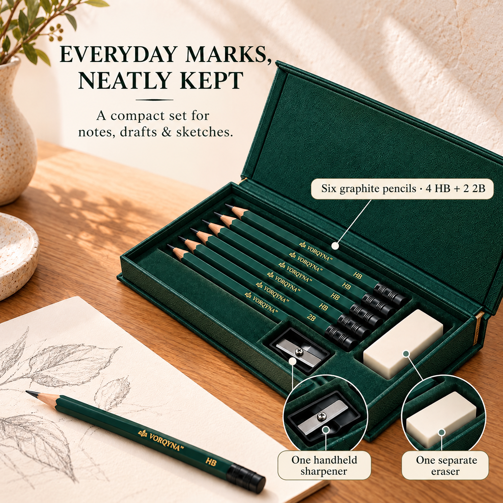 VORQYNA™ Pencil Study Set — 6 Graphite Writing Pencils with Sharpener and Eraser