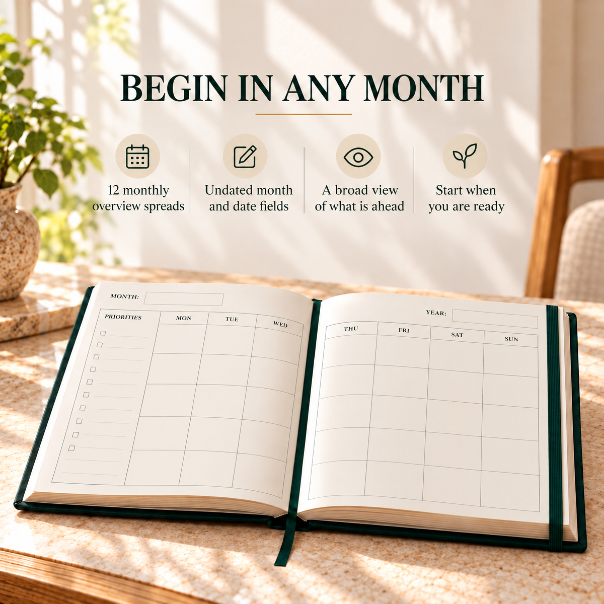 VORQYNA™ Daily Ledger Undated Planner — Weekly Desk Organizer, Hardcover Schedule Book