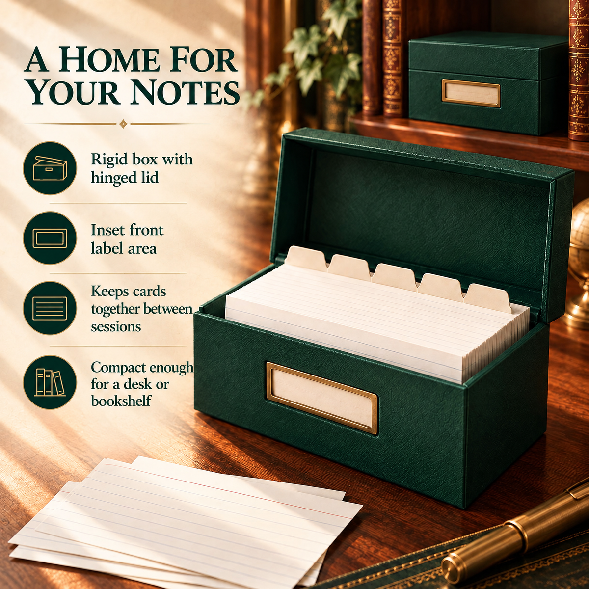 VORQYNA™ Index Card Vault — 3 in × 5 in Note Card Box with 100 Ruled Cards