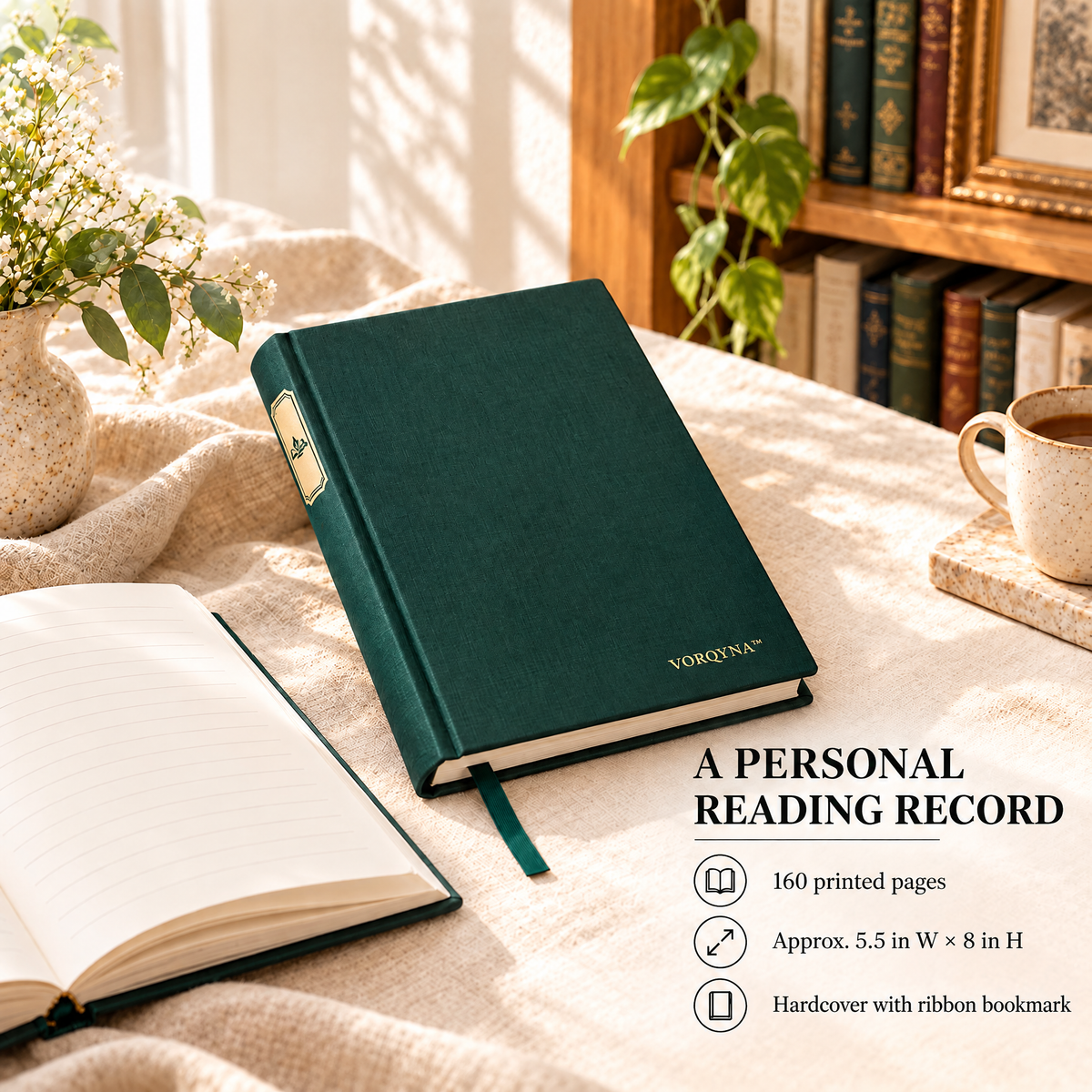 VORQYNA™ Reading Notes Notebook — Book Review Journal, Reading Log, 160 Pages