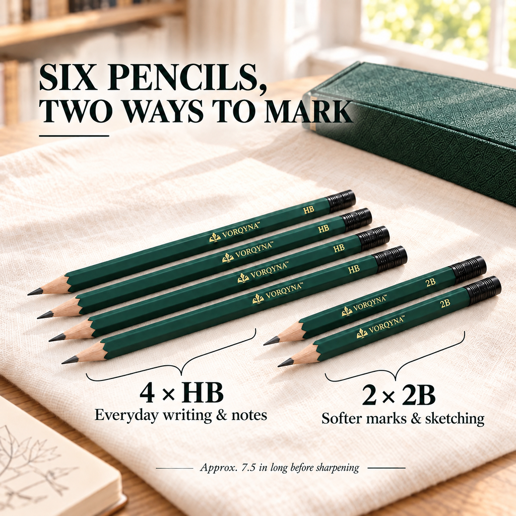 VORQYNA™ Pencil Study Set — 6 Graphite Writing Pencils with Sharpener and Eraser