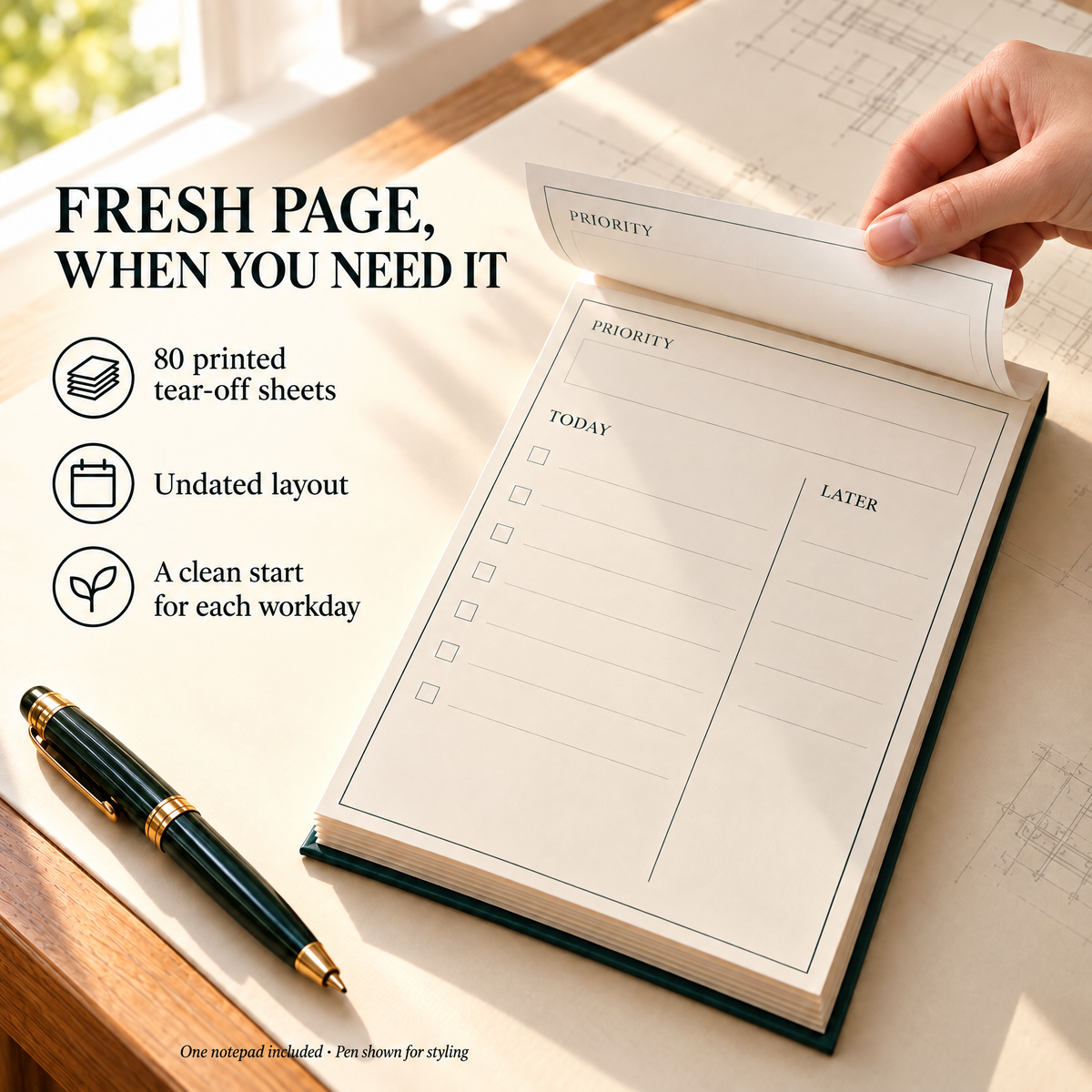 VORQYNA™ Margin Desk Notepad — Tear-Off Daily To-Do List, 80 Sheets
